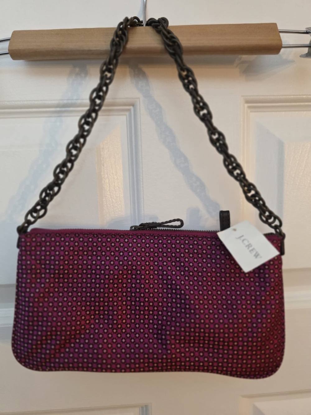 Women’s J Crew Silk Pink and Purple Dot Print Chain-Handle Shoulder Bag. NWT.